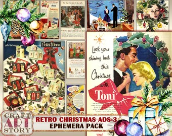 Retro Christmas Ads Ephemera Pack-3, kit stampabile di carte degli anni '50, foglio di collage di annunci vintage