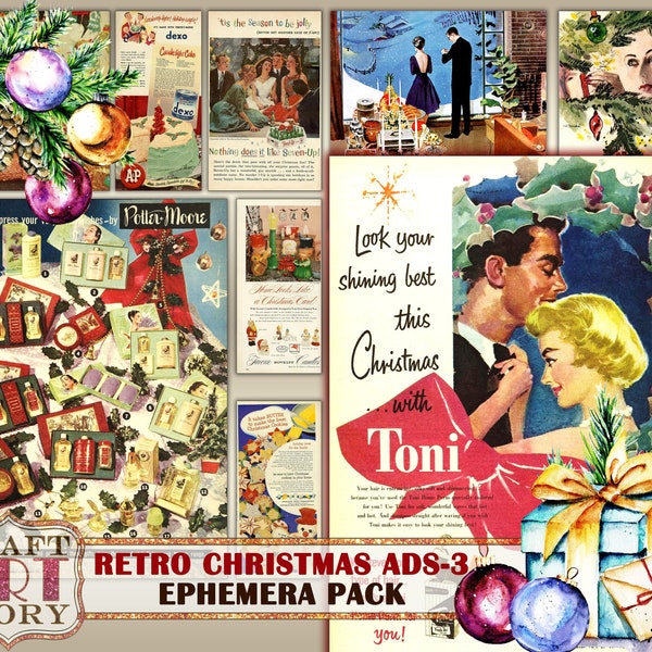 Retro Christmas Ads Ephemera Pack-3,1950s papers printable kit, vintage ads Collage sheet