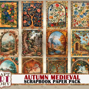 May include: A digital scrapbook paper pack with 12 images featuring autumnal scenes in a medieval style. The images include trees, castles, and landscapes with a vintage aesthetic.