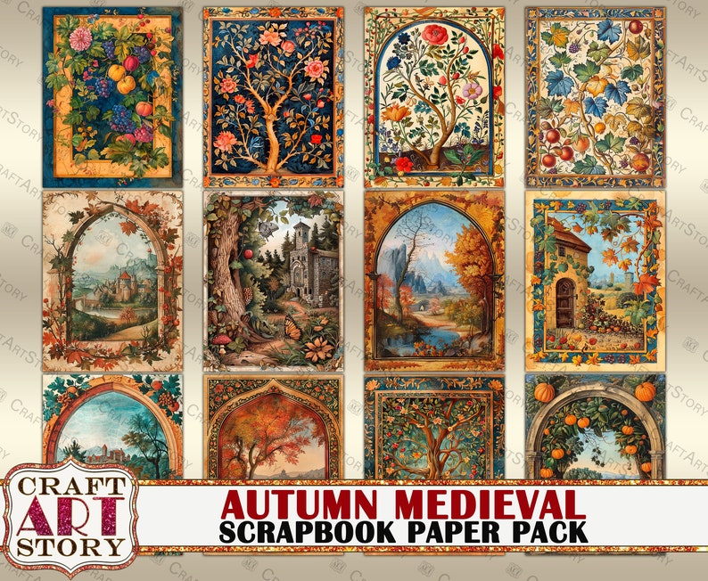 May include: A digital scrapbook paper pack with 12 images featuring autumnal scenes in a medieval style. The images include trees, castles, and landscapes with a vintage aesthetic.