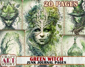 May include: A set of 20 digital printable junk journal pages featuring a green witch theme. The pages include images of a green witch, a tree, a birdcage, and other nature-inspired elements. The pages are perfect for adding to your junk journal or using for other crafting projects.