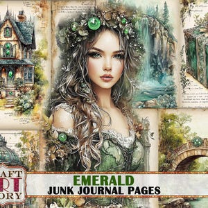 Romantische Emerald Junk Journal Pages, fairy emerald scrapbook afdrukbare digitale papieren