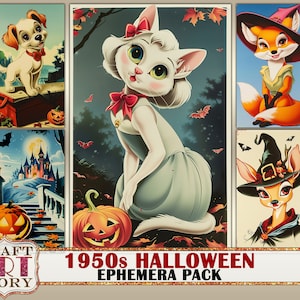 Pacchetto Ephemera di Halloween vintage degli anni '50, cartolina postale del diario spazzatura, Scrapbooking