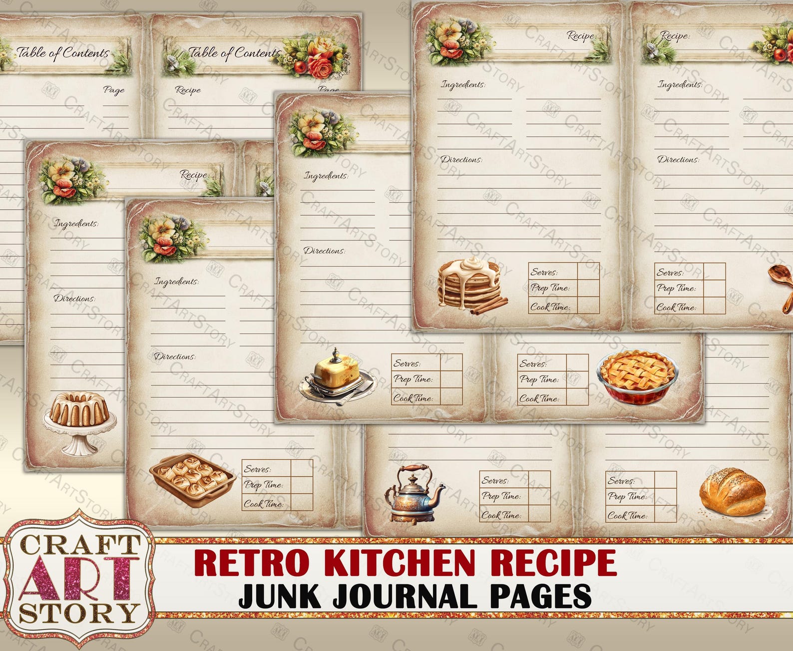 Retro Kitchen Junk Journal Recipe Pages,scrapbooking 50's Style Cook ...