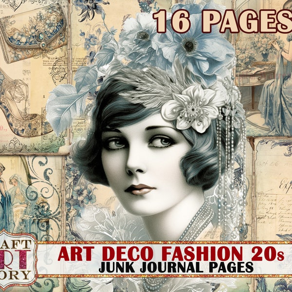 Art deco mode Junk Journal Pages, Elegantie 20s scrapbook printables digitale papieren