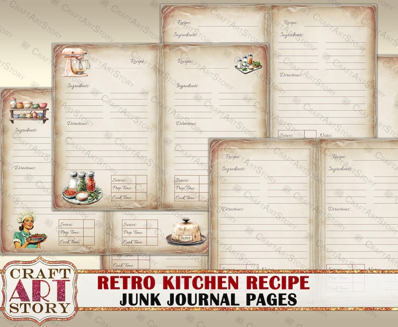 Retro Kitchen Junk Journal Recipe Pages,scrapbooking 50's Style Cook ...