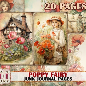 Poppy Fairy Fantasy Junk Journal Seiten, Feen Printables digitale Mohnblumen Papiere