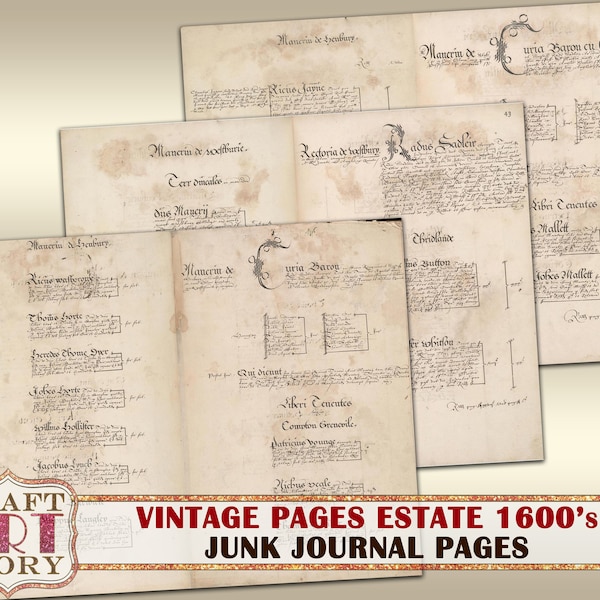 Vintage paper pack ledger Pages,old papers set printable,1600s junk journal pages