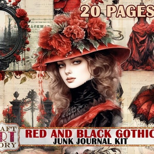 Páginas de diario basura de magia negra roja gótica, papeles digitales de fantasía vintage imprimibles