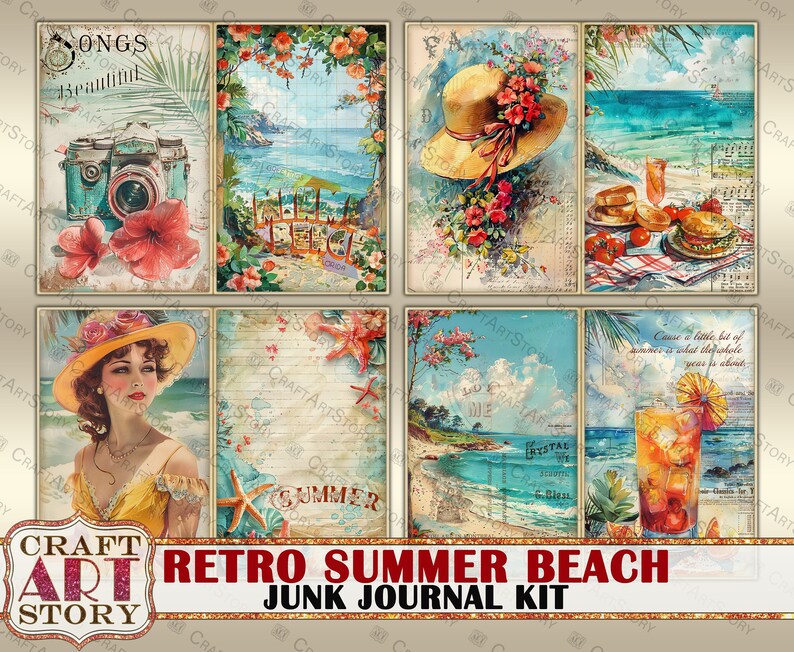 Retro Summer Beach Junk Journal Pages, Printables Digital Papers - Etsy