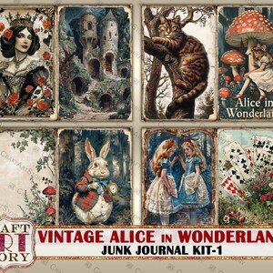 May include: Vintage Alice in Wonderland junk journal kit with six images. The images include Alice, the Queen of Hearts, the Cheshire Cat, the White Rabbit, and a playing card scene. The kit is perfect for scrapbooking, card making, and other paper crafts.