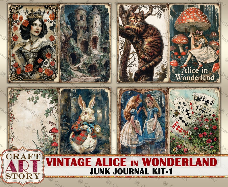 May include: Vintage Alice in Wonderland junk journal kit with six images. The images include Alice, the Queen of Hearts, the Cheshire Cat, the White Rabbit, and a playing card scene. The kit is perfect for scrapbooking, card making, and other paper crafts.
