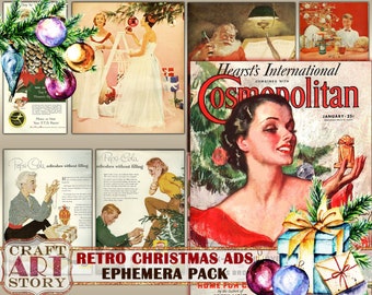 Pacchetto Ephemera per annunci natalizi retrò, kit stampabile di documenti degli anni '50, foglio Collage di annunci vintage