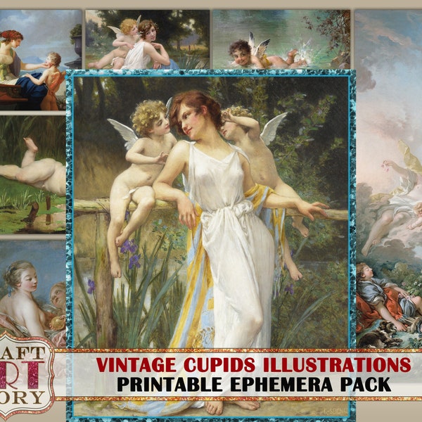 Victorian Cupids Illustrations Ephemera Pack,Printable paintings angels kit,junk journal pack,digital art