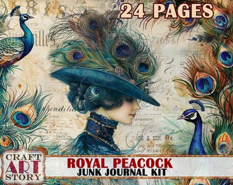 Puede incluir: Un kit de diario de chatarra de inspiración vintage con una mujer con un sombrero de plumas de pavo real y un pavo real con plumas azules y verdes. El kit incluye 24 páginas y el texto "Royal Peacock Junk Journal Kit".