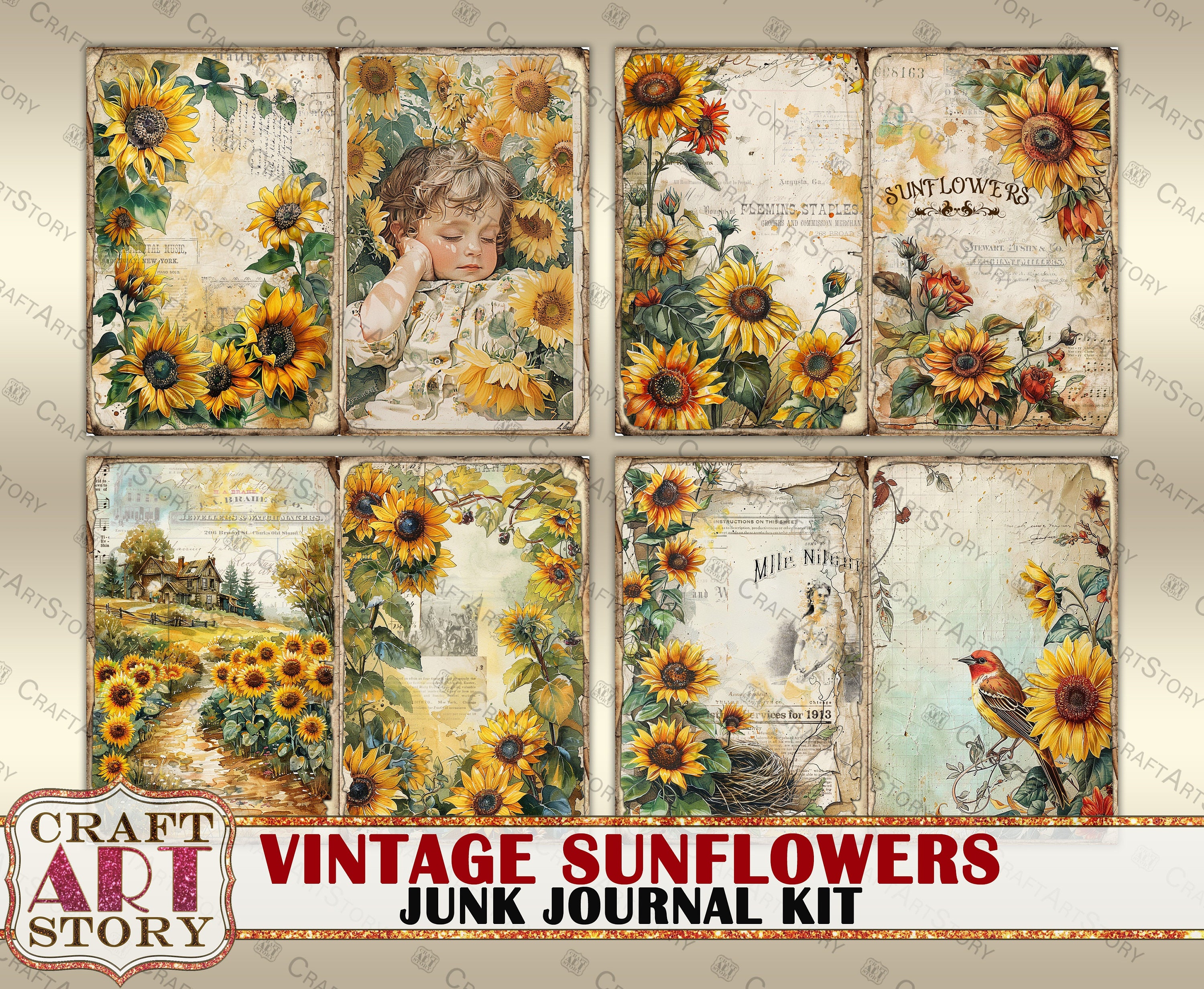 Vintage Sunflowers Junk Journal Kit,scrapbook Printables Digital Papers ...