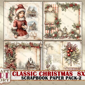 Pack de papier Scrapbook de Noël classique-2,8x8 papiers NUMÉRIQUES, bloc de papier image 4