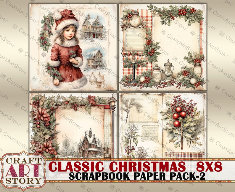 Pack de papier Scrapbook de Noël classique-2,8x8 papiers NUMÉRIQUES, bloc de papier image 4