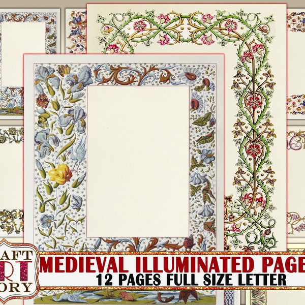 Vintage Medieval Illuminated Manuscript Frame journal pages,Illuminated Border,Paper Journal Kit