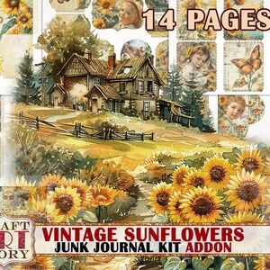 Vintage sunflowers Junk Journal Kit ADDON,scrapbook printables digital papers