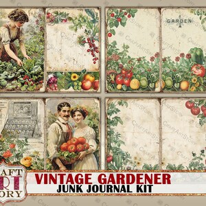 Pu&ograve; includere: Kit di diario di scarto a tema giardinaggio vintage con sei pagine che presentano immagini di una donna che fa giardinaggio, una coppia con pomodori, un pacchetto di semi e una scena da giardino. Le pagine sono decorate con un aspetto usurato e vintage.