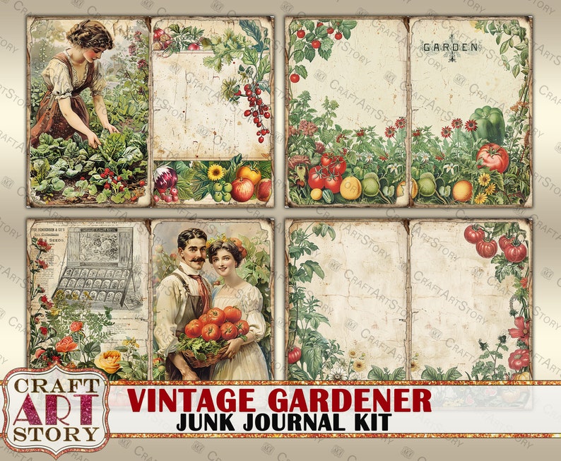 Pu&ograve; includere: Kit di diario di scarto a tema giardinaggio vintage con sei pagine che presentano immagini di una donna che fa giardinaggio, una coppia con pomodori, un pacchetto di semi e una scena da giardino. Le pagine sono decorate con un aspetto usurato e vintage.