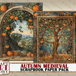 May include: Two digital scrapbook paper designs featuring autumnal themes. The first design shows a vine of pumpkins growing over an archway with a landscape in the background. The second design shows a stylized tree with a blue background and gold accents.
