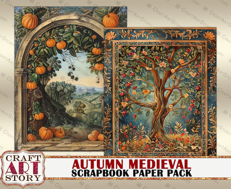 May include: Two digital scrapbook paper designs featuring autumnal themes. The first design shows a vine of pumpkins growing over an archway with a landscape in the background. The second design shows a stylized tree with a blue background and gold accents.