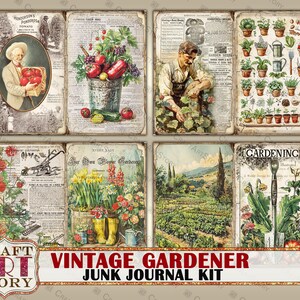 Pu&ograve; includere: Kit di diario di scarto a tema giardinaggio vintage con sei immagini diverse. Le immagini includono un giardiniere con una pianta di pomodoro, un giardiniere con un cesto di pomodori, un giardiniere con una vanga, una scena di giardino con fiori, una scena di giardino con una fila di piante e una scena di giardino con un annaffiatoio.