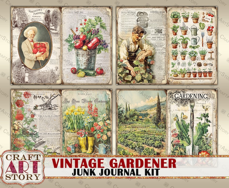 Pu&ograve; includere: Kit di diario di scarto a tema giardinaggio vintage con sei immagini diverse. Le immagini includono un giardiniere con una pianta di pomodoro, un giardiniere con un cesto di pomodori, un giardiniere con una vanga, una scena di giardino con fiori, una scena di giardino con una fila di piante e una scena di giardino con un annaffiatoio.