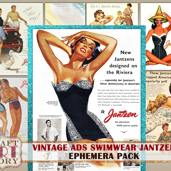 Vintage Beach Images Magazine digital Ads papers,Advertising Art,Ephemera Pack retro beach art