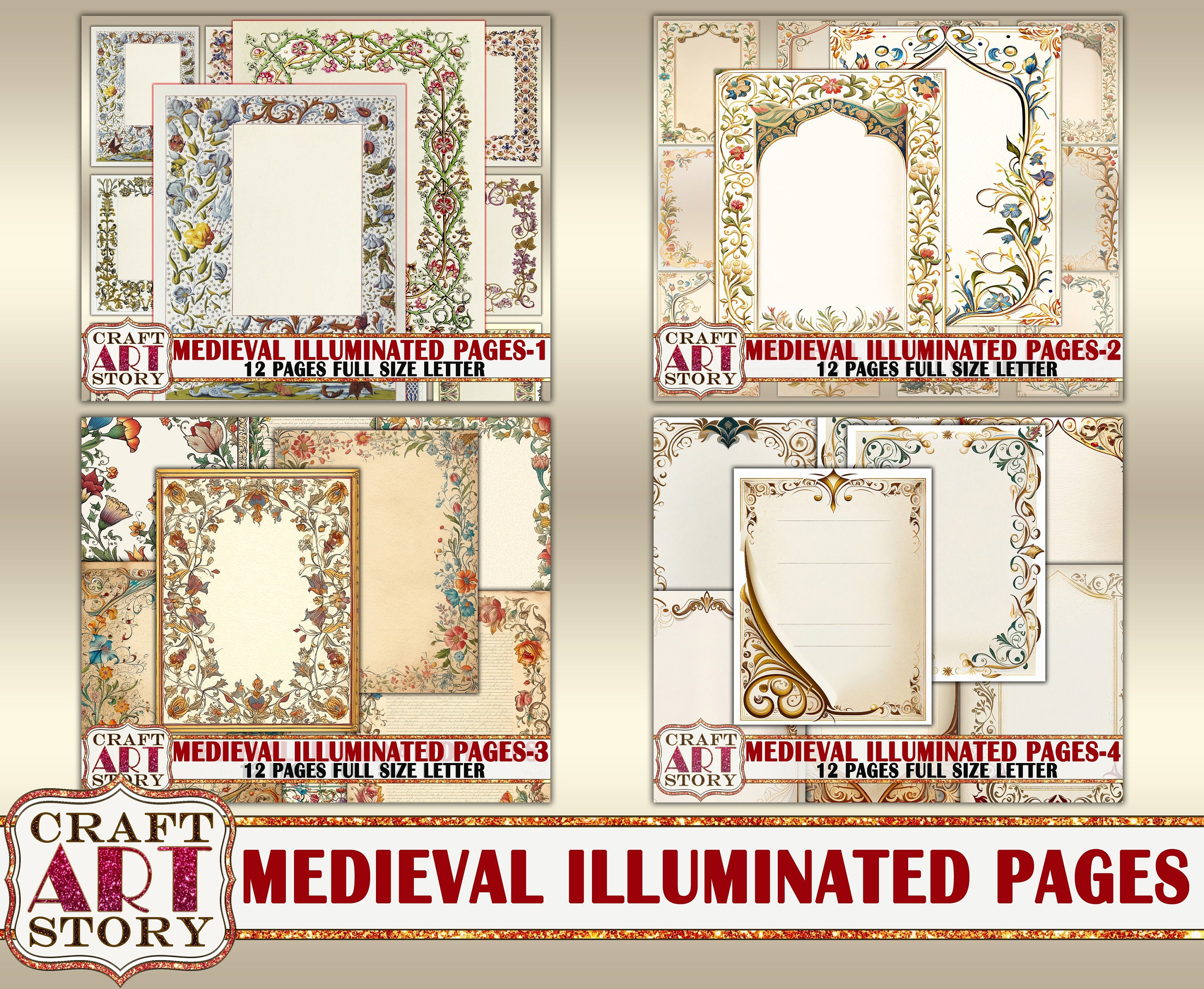 Vintage Medieval Illuminated Manuscript Frame Journal Pages