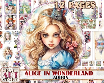 Alice Wonderland Junk Journal Pages,scrapbook printables digital papers ADDON