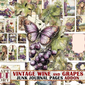 Vintage wijn en druiven Junk Journal Pages ADDON, digitale papers printables plakboek