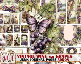Peut inclure: Pages de journal à gratter imprimables sur le thème du vin et des raisins vintage avec un papillon violet, des bouteilles de vin et des raisins. Les pages sont parfaites pour ajouter à votre journal ou à votre album.