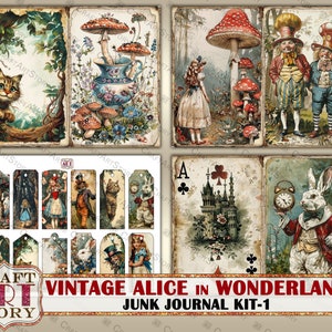 May include: Vintage Alice in Wonderland junk journal kit with 12 printable cards featuring images of Alice, the Mad Hatter, the Cheshire Cat, the White Rabbit, and other characters from the book. The kit also includes a printable ace of clubs card with a castle illustration.