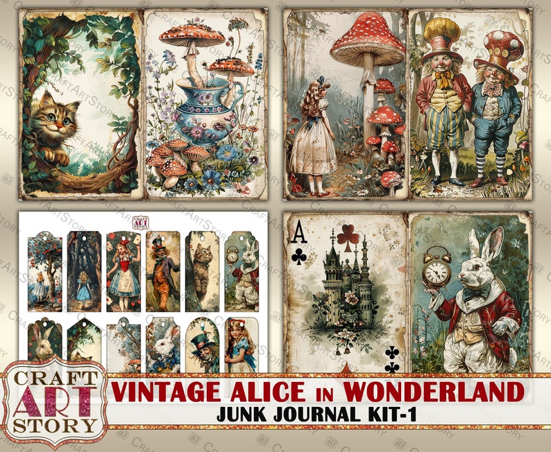May include: Vintage Alice in Wonderland junk journal kit with 12 printable cards featuring images of Alice, the Mad Hatter, the Cheshire Cat, the White Rabbit, and other characters from the book. The kit also includes a printable ace of clubs card with a castle illustration.