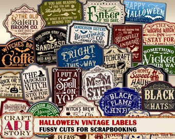 Halloween Fussy Cuts: afdrukbare herfstlabels, kaartjes en tags, papier, digitaal papier