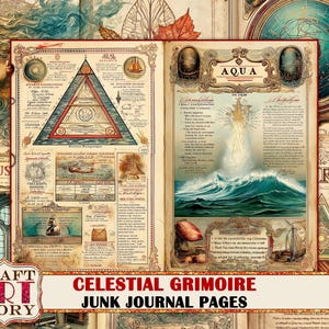 Può includere: Libro aperto con pagine in stile vintage, con illustrazioni e testo. Una pagina ha un triangolo rosso, l'altra un'illustrazione di onde con la parola "AQUA". Il testo "CELESTIAL GRIMOIRE JUNK JOURNAL PAGES" è in basso.