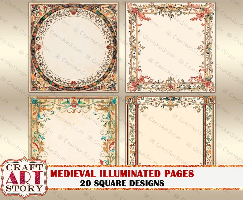 Medieval Illuminated Manuscript 20 Square Designs: Floral Border Pages ...