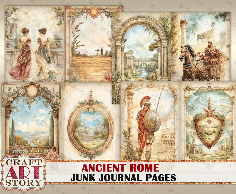 May include: A set of eight printable digital junk journal pages featuring images of ancient Rome, including a Roman soldier, a chariot, and a view of the city. The pages are designed to be printed and used in a junk journal.
