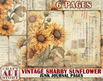 Vintage shabby sunflowers Junk Journal Pages,plant backgrounds