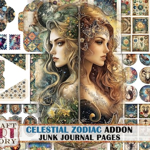 Pagine di diario spazzatura zodiacale celeste ADDON, stampe fantasy di astrologia carte celesti digitali