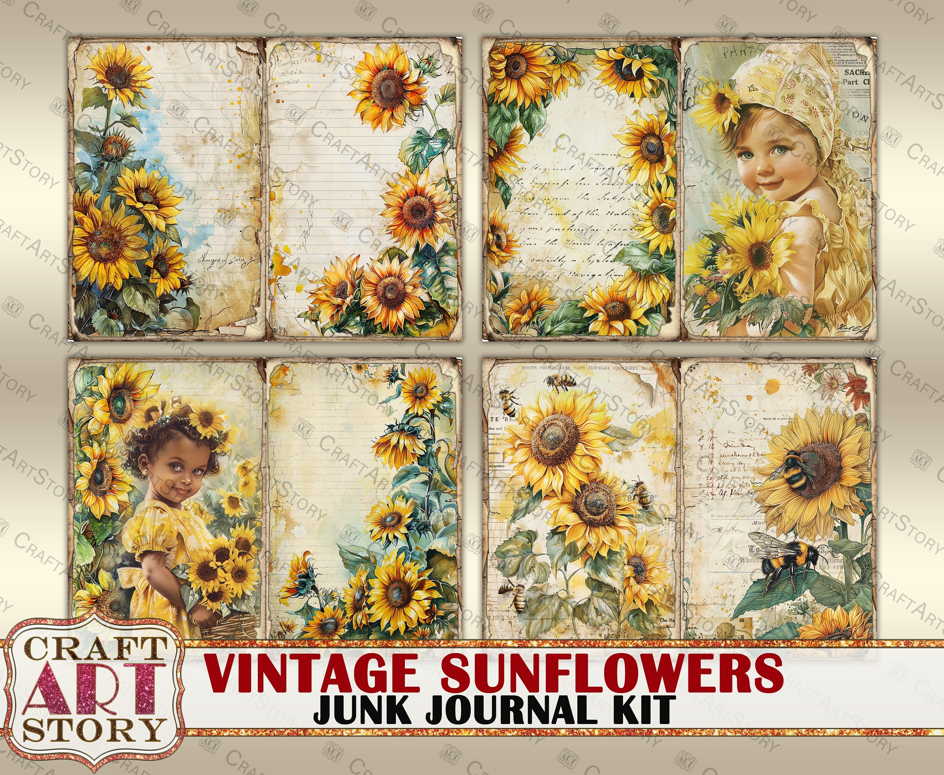 Vintage Sunflowers Junk Journal Kit,scrapbook Printables Digital Papers ...