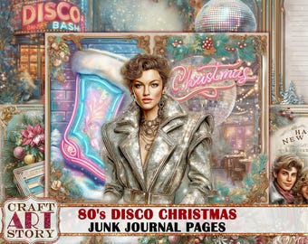Páginas de diario basura navideñas disco de los 80, papel digital imprimible con efímeras de scrapbooking retro
