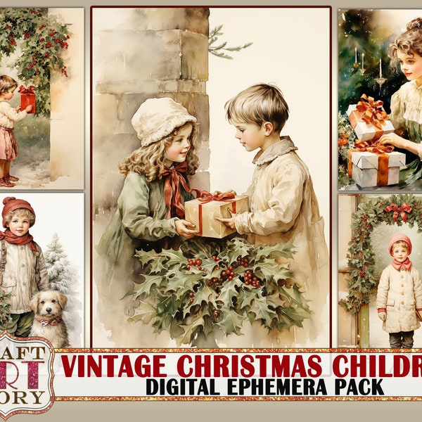 Vintage Christmas Children digital papers,printables ephemera pack