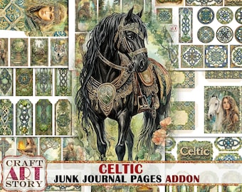 May include: Digital collage sheet with Celtic knotwork designs, a black horse with a saddle, a woman with long hair, and a white horse. The sheet is titled "Celtic Junk Journal Pages Addon".
