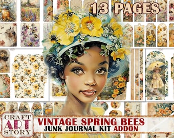 Vintage Spring bees Junk Journal Pages ADDON, papeles digitales imprimibles
