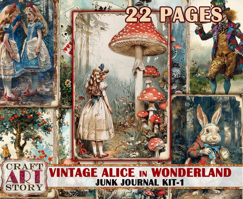 May include: A vintage Alice in Wonderland junk journal kit with 22 pages. The kit features images of Alice, the Mad Hatter, a white rabbit, and mushrooms.
