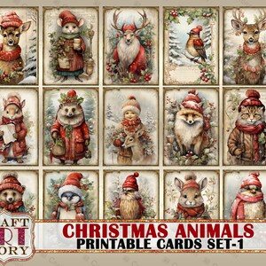 Set di cartoline stampabili con animali natalizi vintage-1, documenti digitali stampabili invernali